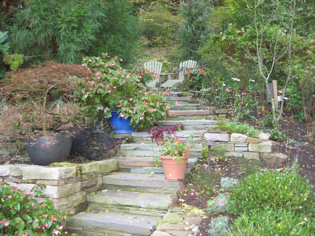 Stone steps with gardens and planters