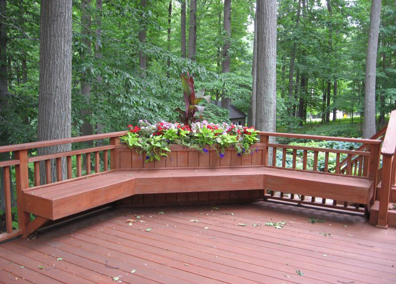 Wood Deck with Built-in Planters and Benches Overlooking Shade Garden
