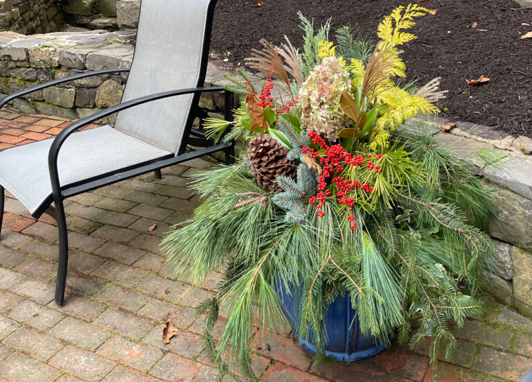 Seasonal Planter with Greens, Red Berries, and Winter Grasses